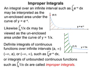 Improper Integrals
An integral over an infinite interval such as ∫ e–x dx
may be interpreted as the
un-enclosed area under the
curve of y = e–x.
0
∞
Likewise ∫ 1/x dx may be
viewed as the un-enclosed
area under the curve of y = 1/x.
0
1
(0,1)
y = e–x
Definite integrals of continuous
functions over infinite intervals (a, ∞)
(–∞, a), or (–∞, ∞), such as ∫ e–x dx,
y = 1/x(1,1)
0
∞
or integrals of unbounded continuous functions
such as ∫ 1/x dx are called improper integrals.0
1
 