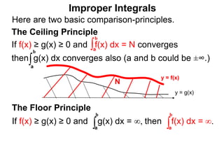 The Floor Principle
If f(x) ≥ g(x) ≥ 0 and g(x) dx = ∞, then f(x) dx = ∞.∫a
b
∫a
b
Improper Integrals
The Ceiling Principle
If f(x) ≥ g(x) ≥ 0 and f(x) dx = N converges
then g(x) dx converges also (a and b could be ±∞.)
∫a
b
∫a
b
y = f(x)
y = g(x)
N
Here are two basic comparison-principles.
 