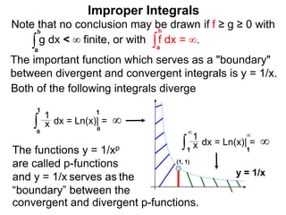 The important function which serves as a "boundary"
between divergent and convergent integrals is y = 1/x.
Note that no conclusion may be drawn if f ≥ g ≥ 0 with
g dx < ∞ finite, or with f dx = ∞.∫a
b
∫a
b
Improper Integrals
∫
1
0
x
1
dx = Ln(x)| = ∞
(1, 1)
Both of the following integrals diverge
∫1
∞
x
1
dx = Ln(x)| = ∞
1
∞
1
0
y = 1/x
The functions y = 1/xp
are called p-functions
and y = 1/x serves as the
“boundary” between the
convergent and divergent p-functions.
 