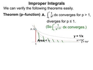 Theorem (p–function) ∫1
xp
1
∞
dx converges for p > 1,A.
Improper Integrals
(1, 1)
y = 1/x
y = 1/x2
y = 1/x3
1
Area < ∞
diverges for p ≤ 1.
We can verify the following theorems easily.
(So ∫1 x1.01
1∞
dx converges.)
 