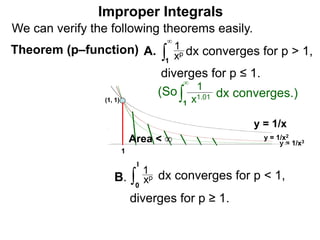 Theorem (p–function) ∫1
xp
1
∞
dx converges for p > 1,A.
Improper Integrals
(1, 1)
y = 1/x
y = 1/x2
y = 1/x3
1
Area < ∞
diverges for p ≤ 1.
We can verify the following theorems easily.
(So ∫1 x1.01
1∞
dx converges.)
∫ xp
1
dx converges for p < 1,B.
0
1
diverges for p ≥ 1.
 