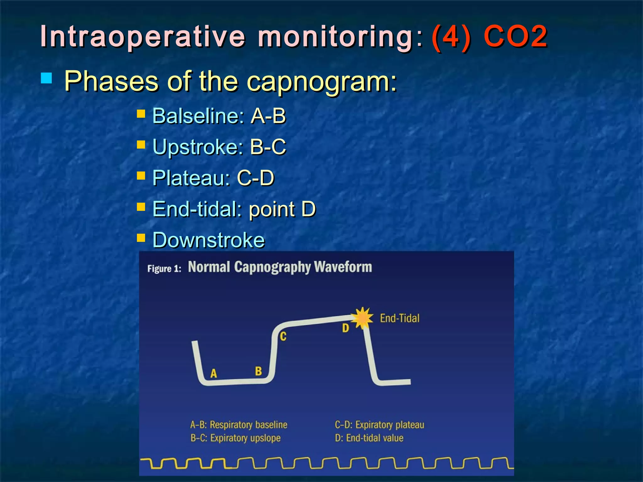 Intraoperative monitoringIntraoperative monitoring :: (4) CO2(4) CO2
 Phases of the capnogram:Phases of the capnogram:
 Balseline:Balseline: A-BA-B
 Upstroke:Upstroke: B-CB-C
 Plateau:Plateau: C-DC-D
 End-tidal:End-tidal: point Dpoint D
 DownstrokeDownstroke
 