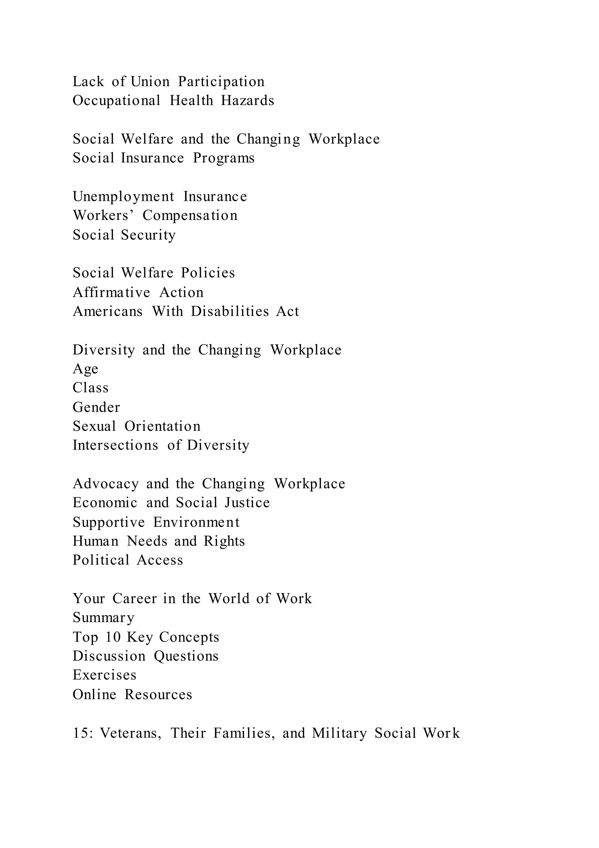 Lack of Union Participation
Occupational Health Hazards
Social Welfare and the Changing Workplace
Social Insurance Programs
Unemployment Insurance
Workers’ Compensation
Social Security
Social Welfare Policies
Affirmative Action
Americans With Disabilities Act
Diversity and the Changing Workplace
Age
Class
Gender
Sexual Orientation
Intersections of Diversity
Advocacy and the Changing Workplace
Economic and Social Justice
Supportive Environment
Human Needs and Rights
Political Access
Your Career in the World of Work
Summary
Top 10 Key Concepts
Discussion Questions
Exercises
Online Resources
15: Veterans, Their Families, and Military Social Work
 