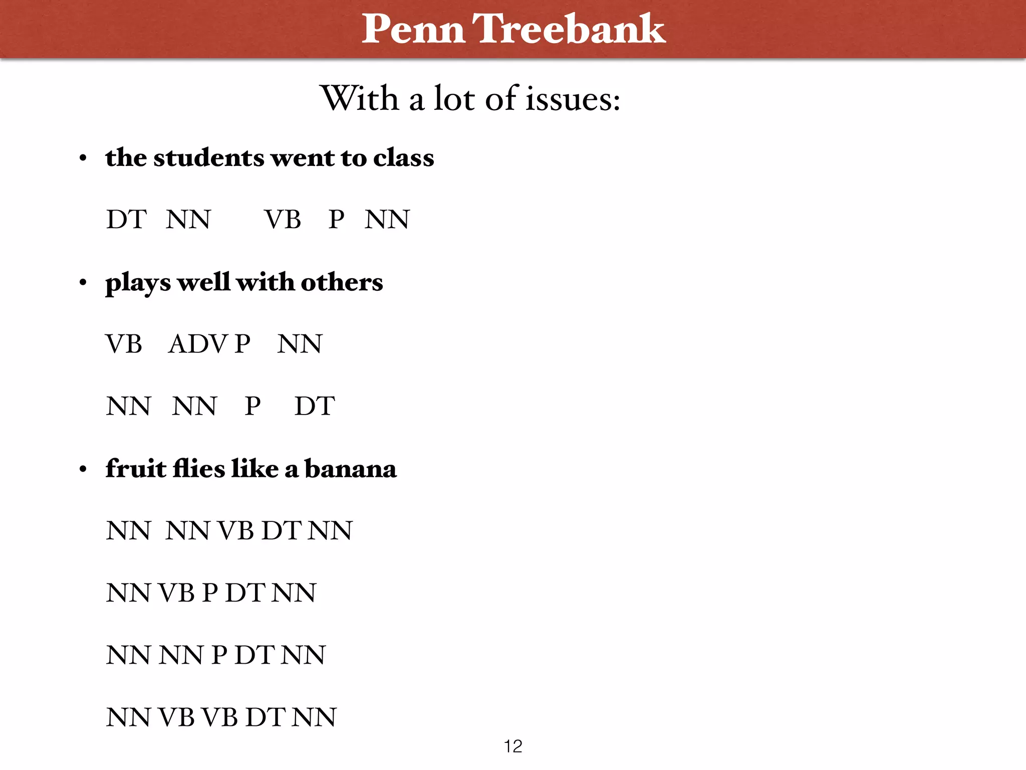 • the students went to class DT NN VB P NN • plays well with others VB ADV P NN NN NN P DT • fruit ﬂies like a banana NN NN VB DT NN NN VB P DT NN NN NN P DT NN NN VB VB DT NN With a lot of issues: Penn Treebank 12 