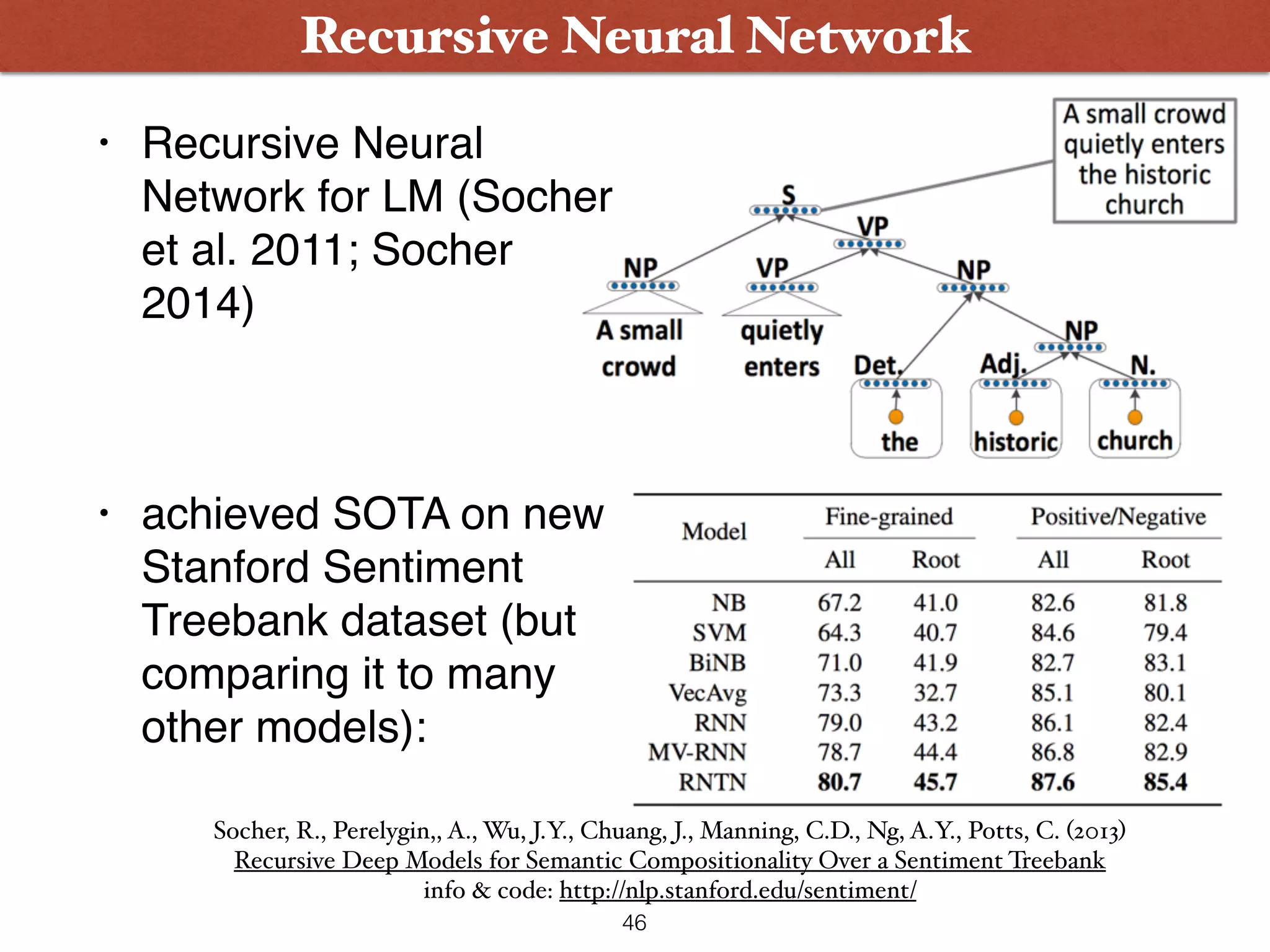 • Recursive Neural Network for LM (Socher et al. 2011; Socher 2014) • achieved SOTA on new Stanford Sentiment Treebank dataset (but comparing it to many other models): Recursive Neural Network 46 Socher, R., Perelygin,, A., Wu, J.Y., Chuang, J., Manning, C.D., Ng, A.Y., Potts, C. (2013)  Recursive Deep Models for Semantic Compositionality Over a Sentiment Treebank info & code: http://nlp.stanford.edu/sentiment/ 