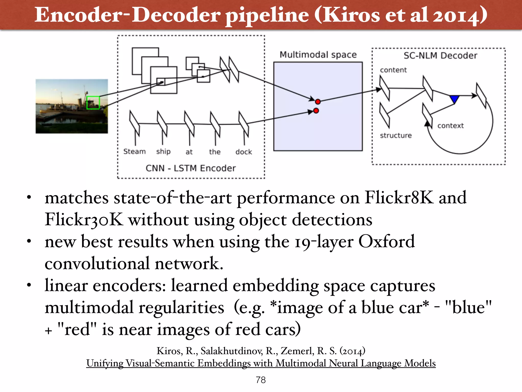 Kiros, R., Salakhutdinov, R., Zemerl, R. S. (2014)   Unifying Visual-Semantic Embeddings with Multimodal Neural Language Models • matches state-of-the-art performance on Flickr8K and Flickr30K without using object detections • new best results when using the 19-layer Oxford convolutional network. • linear encoders: learned embedding space captures multimodal regularities (e.g. *image of a blue car* - "blue" + "red" is near images of red cars) Encoder-Decoder pipeline (Kiros et al 2014) 78 