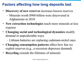 © 2011 Pearson Education, Inc.
Factors affecting how long deposits last
• Discovery of new reserves increases known reserves
- Minerals worth $900 billion were discovered in
Afghanistan in 2010
• New extraction technologies reach more minerals at less
expense
• Changing social and technological dynamics modify
demand in unpredictable ways
- Lithium batteries are replacing cadmium-nickel ones
• Changing consumption patterns affect how fast we
exploit reserves (e.g., a recession depresses demand)
• Recycling extends the lifetimes of minerals
 
