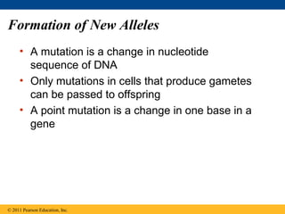 Formation of New Alleles
• A mutation is a change in nucleotide
sequence of DNA
• Only mutations in cells that produce gametes
can be passed to offspring
• A point mutation is a change in one base in a
gene
© 2011 Pearson Education, Inc.
 