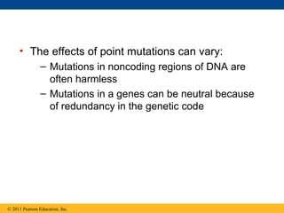 • The effects of point mutations can vary:
– Mutations in noncoding regions of DNA are
often harmless
– Mutations in a genes can be neutral because
of redundancy in the genetic code
© 2011 Pearson Education, Inc.
 