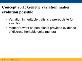 • Variation in heritable traits is a prerequisite for
evolution
• Mendel’s work on pea plants provided evidence
of discrete heritable units (genes)
Concept 23.1: Genetic variation makes
evolution possible
© 2011 Pearson Education, Inc.
 