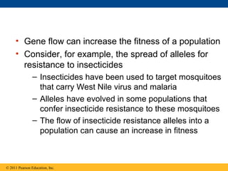 • Gene flow can increase the fitness of a population
• Consider, for example, the spread of alleles for
resistance to insecticides
– Insecticides have been used to target mosquitoes
that carry West Nile virus and malaria
– Alleles have evolved in some populations that
confer insecticide resistance to these mosquitoes
– The flow of insecticide resistance alleles into a
population can cause an increase in fitness
© 2011 Pearson Education, Inc.
 