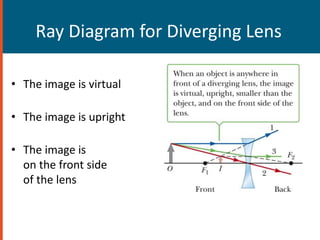 Ray Diagram for Diverging Lens
• The image is virtual
• The image is upright
• The image is
on the front side
of the lens
 