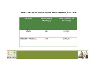 IMPACTOS NA PRODUTIVIDADE / VALOR ANUAL DA PRODUÇÃO DE CACAU
SITUAÇÃO PRODUTIVIDADE
HA /ANO (kg)
VALOR DA PRODUÇÃO
HA/ANO (R$)
ATUAL 615 3.287,00
DESEJADA E PROJETADA 2.700 14.428,00
 