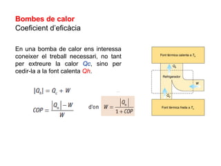 Bombes de calor
Coeficient d’eficàcia

En una bomba de calor ens interessa
coneixer el treball necessari, no tant
per extreure la calor Qc, sino per
cedir-la a la font calenta Qh.
 