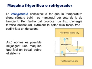 Màquina frigorífica o refrigerador

La refrigeració consisteix a fer que la temperatura
d’una càmara baixi i es mantingui per sota de la de
l’ambient. Per fer-ho cal provocar un flux d’energia
tèrmica antinatural, extraient la calor d’un focus fred i
cedint-la a un de calent.



Això només és possible
mitjançant una màquina
que faci un treball sobre
el sistema
 