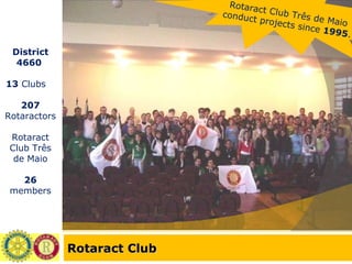 Rotaract Club District 4660  13  Clubs  207  Rotaractors Rotaract Club Três de Maio 26  members Rotaract Club Três de Maio conduct projects since  1995 . 