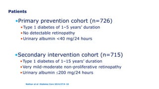 Patients
•Primary prevention cohort (n=726)
•Type 1 diabetes of 1–5 years’ duration
•No detectable retinopathy
•Urinary albumin <40 mg/24 hours
Nathan et al. Diabetes Care 2014;37:9–16
•Secondary intervention cohort (n=715)
•Type 1 diabetes of 1–15 years’ duration
•Very mild-moderate non-proliferative retinopathy
•Urinary albumin 200 mg/24 hours
 