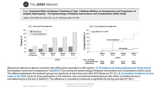 Date of download: 3/15/2016
Copyright © 2016 American Medical
Association. All rights reserved.
From: Sustained Effect of Intensive Treatment of Type 1 Diabetes Mellitus on Development and Progression of
Diabetic Nephropathy: The Epidemiology of Diabetes Interventions and Complications (EDIC) Study
JAMA. 2003;290(16):2159-2167. doi:10.1001/jama.290.16.2159
Albuminuria defined as albumin excretion rate ≥208 µg/min,equivalent to 300 mg/24 h. A, Prevalence of clinical albuminuria at the end of
the Diabetes Control and Complications Trial (DCCT) and during the Epidemiologyof Diabetes Interventions and Complications (EDIC) study.
The differencesbetween the treatment groups are significant at each time point after DCCTclose-out (P<.01). B, Cumulative incidence of new
cases in the EDIC study for those participants in the intensive- and conventional-treatmentgroups with either normoalbuminuria or
microalbuminuria at the end of theDCCT. The difference in cumulative incidences is significant by the log-rank-test.(P<.001).
 
