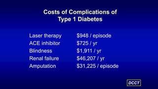 Costs of Complications of
Type 1 Diabetes
Laser therapy $948 / episode
ACE inhibitor $725 / yr
Blindness $1,911 / yr
Renal failure $46,207 / yr
Amputation $31,225 / episode
DCCT
 