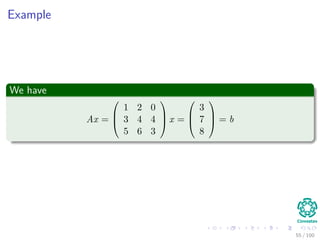 Example
We have
Ax =



1 2 0
3 4 4
5 6 3


 x =



3
7
8


 = b
55 / 102
 
