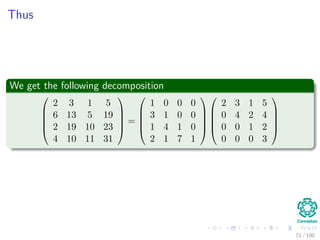Example
Here, we have this example
2 3 1 5
6 13 5 19
2 19 10 23
4 10 11 31
⇒
13 5 19
19 10 23
10 11 31
− 1
2
6
2
4
3 1 5 =
13 5 19
19 10 23
10 11 31
− 1
2
18 6 30
6 2 10
12 4 20
⇒
2 3 1 5
3 4 2 4
1 16 9 18
2 4 9 21
⇒
9 18
9 11
− 1
4
16
4
2 4 =
9 18
9 11
− 1
4
32 64
8 16
=
9 18
9 11
−
8 16
2 4
⇒
2 3 1 5
3 4 2 4
1 4 1 2
2 1 7 17
⇒
2 3 1 5
3 4 2 4
1 4 1 2
2 1 7 3
70 / 102
 