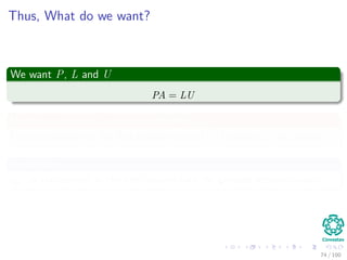 Outline
1 Introduction
Basic Deﬁnitions
Matrix Examples
2 Matrix Operations
Introduction
Matrix Multiplication
The Inverse
Determinants
3 Improving the Complexity of the Matrix Multiplication
Back to Matrix Multiplication
Strassen’s Algorithm
The Algorithm
How he did it?
Complexity
4 Solving Systems of Linear Equations
Introduction
Lower Upper Decomposition
Forward and Back Substitution
Obtaining the Matrices
Computing LU decomposition
Computing LUP decomposition
5 Applications
Inverting Matrices
Least-squares Approximation
6 Exercises
Some Exercises You Can Try!!!
72 / 102
 