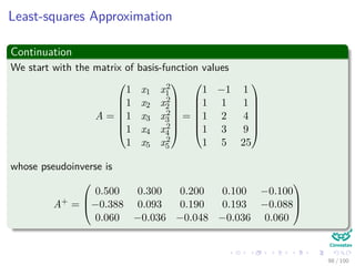 Symmetric positive-deﬁnite matrices
Lemma 28.11 (Schur complement lemma)
If A is a symmetric positive-deﬁnite matrix and Ak is a leading k × k
submatrix of A, then the Schur complement of A with respect to Ak is
symmetric and positive-deﬁnite.
Corollary 28.12
LU decomposition of a symmetric positive-deﬁnite matrix never causes a
division by 0.
84 / 102
 