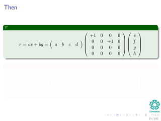 Then
r
r = ae + bg = a b c d





+1 0 0 0
0 0 +1 0
0 0 0 0
0 0 0 0










e
f
g
h





s
s = af + bh = a b c d





+1 0 0 0
0 0 0 +1
0 0 0 0
0 0 0 0










e
f
g
h





33 / 102
 
