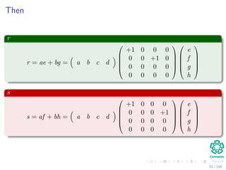 Then
r
r = ae + bg = a b c d





+1 0 0 0
0 0 +1 0
0 0 0 0
0 0 0 0










e
f
g
h





s
s = af + bh = a b c d





+1 0 0 0
0 0 0 +1
0 0 0 0
0 0 0 0










e
f
g
h





33 / 102
 