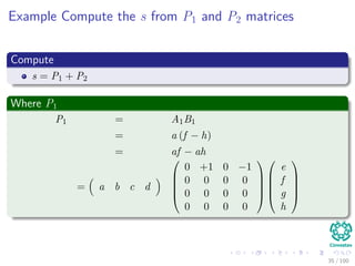 Example Compute the s from P1 and P2 matrices
Compute
s = P1 + P2
Where P1
P1 = A1B1
= a (f − h)
= af − ah
= a b c d





0 +1 0 −1
0 0 0 0
0 0 0 0
0 0 0 0










e
f
g
h





35 / 102
 