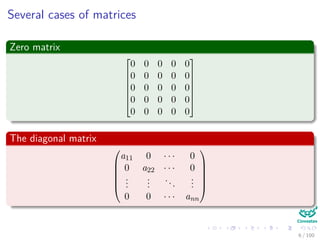 Several cases of matrices
Zero matrix







0 0 0 0 0
0 0 0 0 0
0 0 0 0 0
0 0 0 0 0
0 0 0 0 0







The diagonal matrix






a11 0 · · · 0
0 a22 · · · 0
...
...
...
...
0 0 · · · ann






6 / 102
 