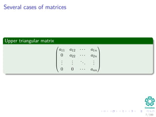 Several cases of matrices
Upper triangular matrix






a11 a12 · · · a1n
0 a22 · · · a2n
...
...
...
...
0 0 · · · ann






7 / 102
 