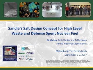 Sandia’s Salt Design Concept for High Level
Waste and Defense Spent Nuclear Fuel
Ed Matteo, Ernie Hardin, and Teklu Hadgu
Sandia National Laboratories
Middelburg, The Netherlands
September 5-7, 2017
Sandia National Laboratories is a multi-mission laboratory managed and operated by
National Technology and Engineering Solutions of Sandia LLC, a wholly owned subsidiary
of Honeywell International Inc. for the U.S. Department of Energy’s National Nuclear
Security Administration under contract DE-NA0003525. SAND2017-9337 C.
 