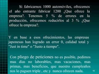 Si fabricarnos 1000 automóviles, ofrecemos el año entrante fabricar 1200 ¿Que ofrece la empresa?. Tenemos 5 % de errores en la producción, ofrecemos reducirlos al 3 % ¿Que ofrece la empresa?. Con  pliego de peticiones  no es posible, pedimos mas días no laborables, mas vacaciones, mas primas, mas beneficios, que nuestro cumpleaños nos lo paguen triple , etc y  nunca ofrecen nada. Y en base a esos ofrecimientos, las empresas japonesas han logrado un error 0, calidad total y "Just in time" o "Justo a tiempo".  