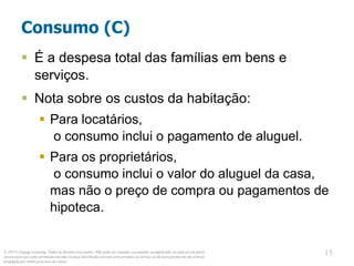 © 2013 Cengage Learning. Todos os direitos reservados. Não pode ser copiado, escaneado, ou duplicado, no todo ou em parte,
exceto para uso como permitido em uma licença distribuída com um certo produto ou serviço ou de outra forma em um website
protegido por senha para uso em classe.
15
15
Consumo (C)
 É a despesa total das famílias em bens e
serviços.
 Nota sobre os custos da habitação:
 Para locatários,
o consumo inclui o pagamento de aluguel.
 Para os proprietários,
o consumo inclui o valor do aluguel da casa,
mas não o preço de compra ou pagamentos de
hipoteca.
 