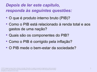 © 2013 Cengage Learning. Todos os direitos reservados. Não pode ser copiado, escaneado, ou duplicado, no todo ou em parte,
exceto para uso como permitido em uma licença distribuída com um certo produto ou serviço ou de outra forma em um website
protegido por senha para uso em classe.
1
1
Depois de ler este capítulo,
responda às seguintes questões:
• O que é produto interno bruto (PIB)?
• Como o PIB está relacionado à renda total e aos
gastos de uma nação?
• Quais são os componentes do PIB?
• Como o PIB é corrigido pela inflação?
• O PIB mede o bem-estar da sociedade?
 