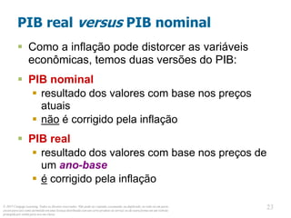 © 2013 Cengage Learning. Todos os direitos reservados. Não pode ser copiado, escaneado, ou duplicado, no todo ou em parte,
exceto para uso como permitido em uma licença distribuída com um certo produto ou serviço ou de outra forma em um website
protegido por senha para uso em classe.
23
23
PIB real versus PIB nominal
 Como a inflação pode distorcer as variáveis
econômicas, temos duas versões do PIB:
 PIB nominal
 resultado dos valores com base nos preços
atuais
 não é corrigido pela inflação
 PIB real
 resultado dos valores com base nos preços de
um ano-base
 é corrigido pela inflação
 