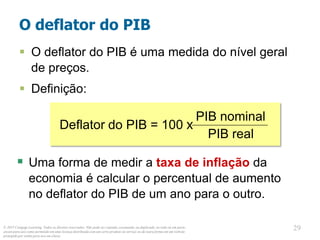 © 2013 Cengage Learning. Todos os direitos reservados. Não pode ser copiado, escaneado, ou duplicado, no todo ou em parte,
exceto para uso como permitido em uma licença distribuída com um certo produto ou serviço ou de outra forma em um website
protegido por senha para uso em classe.
29
29
O deflator do PIB
 O deflator do PIB é uma medida do nível geral
de preços.
 Definição:
 Uma forma de medir a taxa de inflação da
economia é calcular o percentual de aumento
no deflator do PIB de um ano para o outro.
Deflator do PIB = 100 x
PIB nominal
PIB real
 