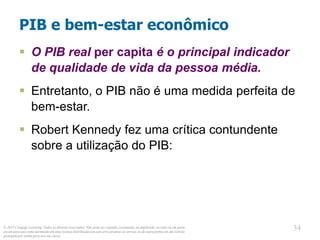 © 2013 Cengage Learning. Todos os direitos reservados. Não pode ser copiado, escaneado, ou duplicado, no todo ou em parte,
exceto para uso como permitido em uma licença distribuída com um certo produto ou serviço ou de outra forma em um website
protegido por senha para uso em classe.
34
34
PIB e bem-estar econômico
 O PIB real per capita é o principal indicador
de qualidade de vida da pessoa média.
 Entretanto, o PIB não é uma medida perfeita de
bem-estar.
 Robert Kennedy fez uma crítica contundente
sobre a utilização do PIB:
 