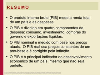 R E S U M O
• O produto interno bruto (PIB) mede a renda total
de um país e as despesas.
• O PIB é dividido em quatro componentes de
despesa: consumo, investimento, compras do
governo e exportações líquidas.
• O PIB nominal é medido com base nos preços
atuais. O PIB real usa preços constantes de um
ano-base e é corrigido pela inflação.
• O PIB é o principal indicador do desenvolvimento
econômico de um país, mesmo que não seja
perfeito.
© 2013 Cengage Learning. Todos os direitos reservados. Não pode ser copiado, escaneado, ou duplicado, no todo ou em parte,
exceto para uso como permitido em uma licença distribuída com um certo produto ou serviço ou de outra forma em um website
 