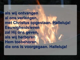 als wij ontvangenal ons verlangen,met Christus opgestaan. Halleluja!Eeuwigheidslevenzal Hij ons geven,als wij herborenHem toebehoren,die ons is voorgegaan. Halleluja!