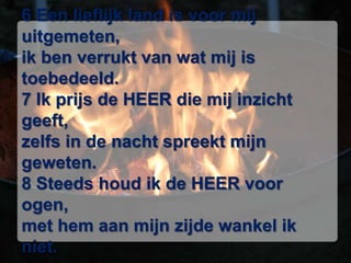 6 Een lieflijk land is voor mij uitgemeten, ik ben verrukt van wat mij is toebedeeld. 7 Ik prijs de HEER die mij inzicht geeft, zelfs in de nacht spreekt mijn geweten. 8 Steeds houd ik de HEER voor ogen, met hem aan mijn zijde wankel ik niet.