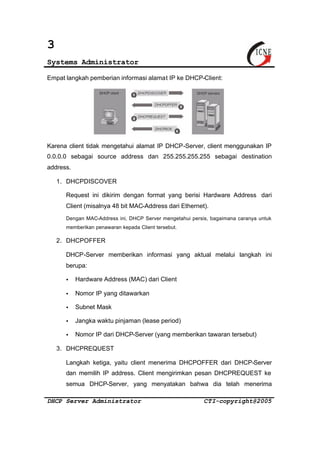 3 
Systems Administrator 
Empat langkah pemberian informasi alamat IP ke DHCP-Client: 
Karena client tidak mengetahui alamat IP DHCP-Server, client menggunakan IP 
0.0.0.0 sebagai source address dan 255.255.255.255 sebagai destination 
address. 
1. DHCPDISCOVER 
Request ini dikirim dengan format yang berisi Hardware Address dari 
Client (misalnya 48 bit MAC-Address dari Ethernet). 
Dengan MAC-Address ini, DHCP Server mengetahui persis, bagaimana caranya untuk 
memberikan penawaran kepada Client tersebut. 
2. DHCPOFFER 
DHCP-Server memberikan informasi yang aktual melalui langkah ini 
berupa: 
· Hardware Address (MAC) dari Client 
· Nomor IP yang ditawarkan 
· Subnet Mask 
· Jangka waktu pinjaman (lease period) 
· Nomor IP dari DHCP-Server (yang memberikan tawaran tersebut) 
3. DHCPREQUEST 
Langkah ketiga, yaitu client menerima DHCPOFFER dari DHCP-Server 
dan memilih IP address. Client mengirimkan pesan DHCPREQUEST ke 
semua DHCP-Server, yang menyatakan bahwa dia telah menerima 
DHCP Server Administrator CTI-copyright@2005 
 