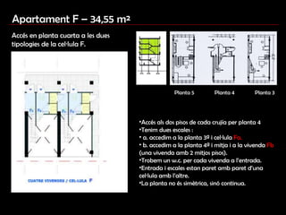 Apartament F – 34,55 m ²   Accés en planta cuarta a les dues tipologies de la cel·lula F. Planta 4 Planta 5 Planta 3 Accés als dos pisos de cada crujía per planta 4 Tenim dues escales :  a. accedim a la planta 3ª i cel·lula  Fa.  b. accedim a la planta 4ª i mitja i a la vivenda  Fb  (una vivenda amb 2 mitjos pisos). Trobem un w.c. per cada vivenda a l’entrada.  Entrada i escales estan paret amb paret d’una cel·lula amb l’altre.  La planta no és simètrica, sinó continua. 