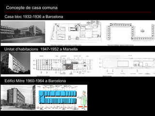 Casa bloc 1932-1936 a Barcelona Unitat d’habitacions  1947-1952 a Marsella Edifici Mitre 1960-1964 a Barcelona Concepte de casa comuna 