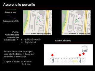Accesos a la parcel·la L’edifici Narkomfin està compost per dos cossos: ->  Edifici de vivendes Edifici social Pasarel·la en cota 1r pis per unir els 2 edificis -> bàsic per entendre el seu accés. 2 tipus d’accés:  A. Vehicle  B. A peu Accesos  a peu Accesos amb vehicle Accesos a la parcela antics Accesos a la parcela actuals Accesos al Edifici 
