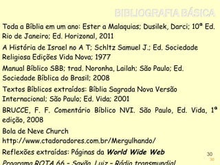 Toda a Bíblia em um ano: Ester a Malaquias; Dusilek, Darci; 10ª Ed.
Rio de Janeiro; Ed. Horizonal, 2011
A História de Israel no A T; Schltz Samuel J.; Ed. Sociedade
Religiosa Edições Vida Nova; 1977
Manual Bíblico SBB; trad. Noronha, Lailah; São Paulo; Ed.
Sociedade Bíblica do Brasil; 2008
Textos Bíblicos extraídos: Bíblia Sagrada Nova Versão
Internacional; São Paulo; Ed. Vida; 2001
BRUCCE, F. F. Comentário Bíblico NVI. São Paulo, Ed. Vida, 1ª
edição, 2008
Bola de Neve Church
http://www.ctadoradores.com.br/Mergulhando/
Reflexões extraídas: Páginas da World Wide Web 30
30
 