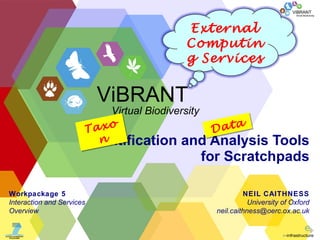 Identification and Analysis Tools for Scratchpads NEIL CAITHNESS University of Oxford [email_address] Workpackage 5 Interaction and Services Overview Taxon Data ViBRANT Virtual Biodiversity External Computing Services 
