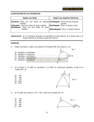11 
CLASIFICACIÓN DE LOS TRIÁNGULOS 
OBSERVACIÓN: En un triángulo isósceles no equilátero al lado distinto se le llama base y al 
ángulo distinto se le llama ángulo del vértice. 
EJEMPLOS 
1. Según sus lados y según sus ángulos el triángulo ABC de la figura 1, es 
A) escaleno y acutángulo 
B) escaleno y rectángulo 
C) isósceles y acutángulo 
D) isósceles y obtusángulo 
E) isósceles y rectángulo 
C fig. 1 
2. En la figura 2, el ABC es equilátero y el BDC es rectángulo isósceles. ¿Cuál es la 
medida del x? 
A) 45º 
B) 60º 
C) 75º 
D) 105º 
E) 135º 
3. En el ABC de la figura 3, AC = BC. ¿Cuál es la medida del x? 
A) 30º 
B) 60º 
C) 75º 
D) 80º 
E) 150º 
Según sus lados Según sus ángulos interiores 
Escaleno: Tiene sus tres lados de distinta 
medida. 
Isósceles: Tiene dos lados de igual medida. 
Equilátero: Tiene sus tres lados de igual 
medida. 
Acutángulo: Tiene sus tres ángulos 
agudos. 
Rectángulo: Tiene un ángulo recto. 
Obtusángulo: Tiene un ángulo obtuso. 
4x 
30º 
x 
A 
B 
C x D 
A B 
fig. 2 
fig. 3 
150º 
B 
x 
A C 
 