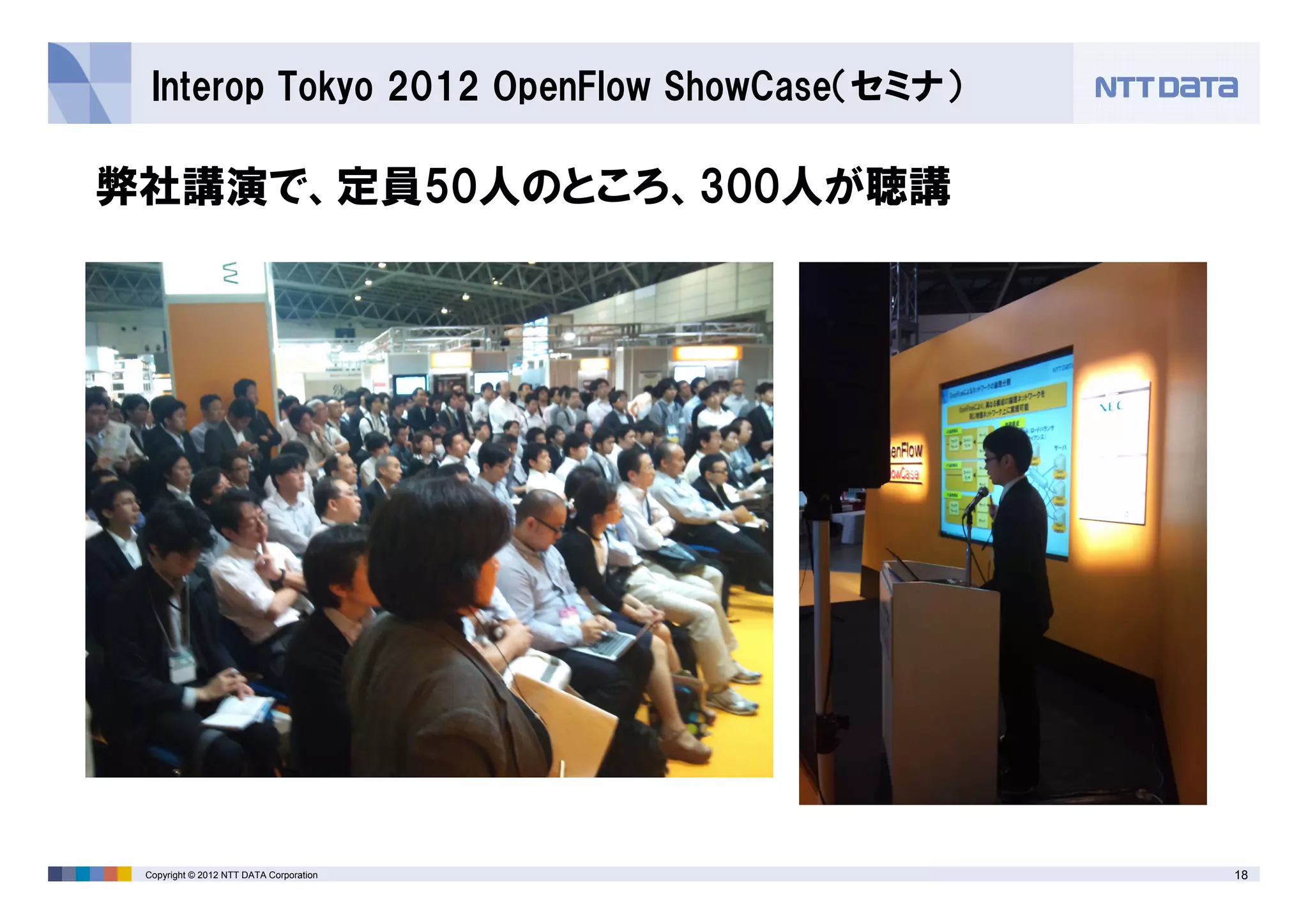 18Copyright © 2012 NTT DATA Corporation
Interop Tokyo 2012 OpenFlow ShowCase（セミナ）
弊社講演で、定員50人のところ、300人が聴講
 